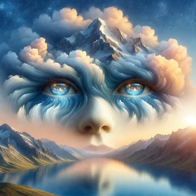 The primary subject of the image is a person with blue eyes, possibly a woman, who is looking up at the sky. The setting is a beautiful landscape featuring mountains and a lake. The visual style is a combination of digital art and illustration, creating a surreal and dreamy atmosphere. The dominant colors are blue and purple, which contribute to the serene and peaceful mood of the scene.